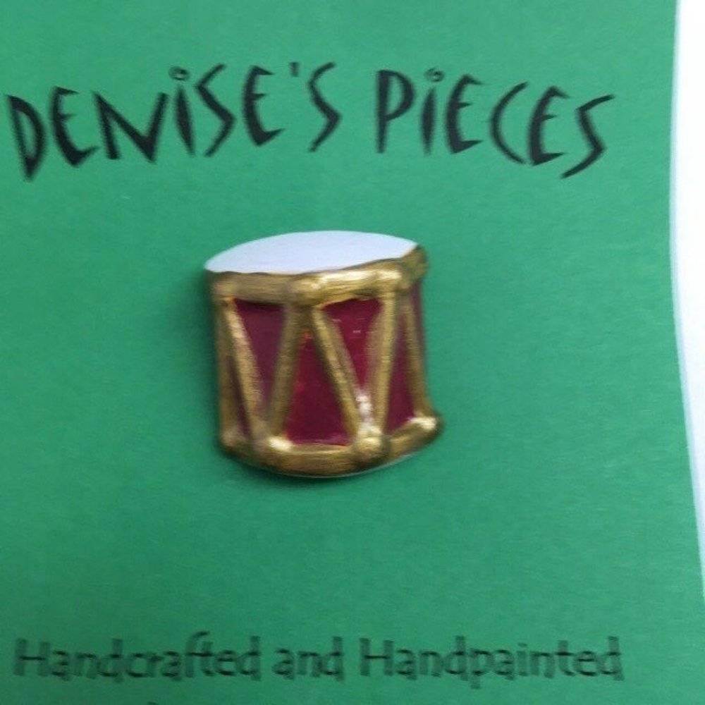 Christmas Pin Brooch Plaster Handcrafted Toy Drum Gold Red White